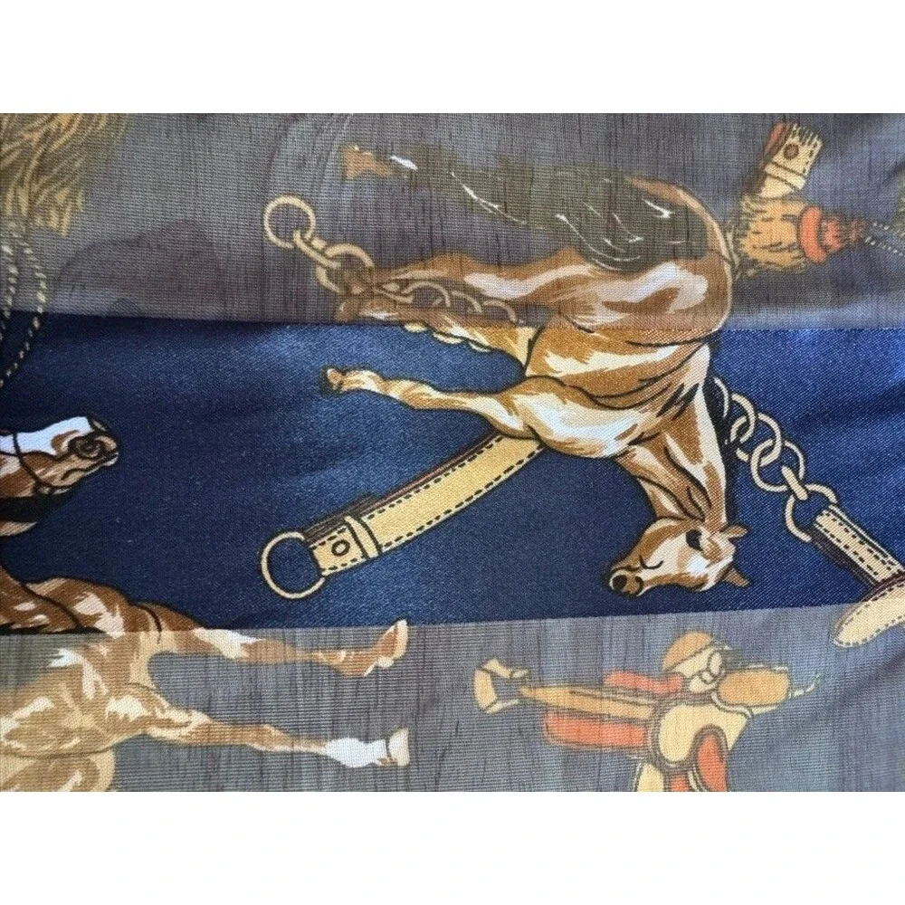 Equestrian Horse Print Rectangle Satin Long Scarf Semi Sheer Navy Gold Vtg